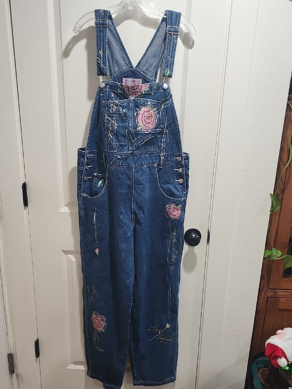 Vintage Revolt Denim Overalls – Hand Painted Floral Wide Leg Boho Y2K Size 16